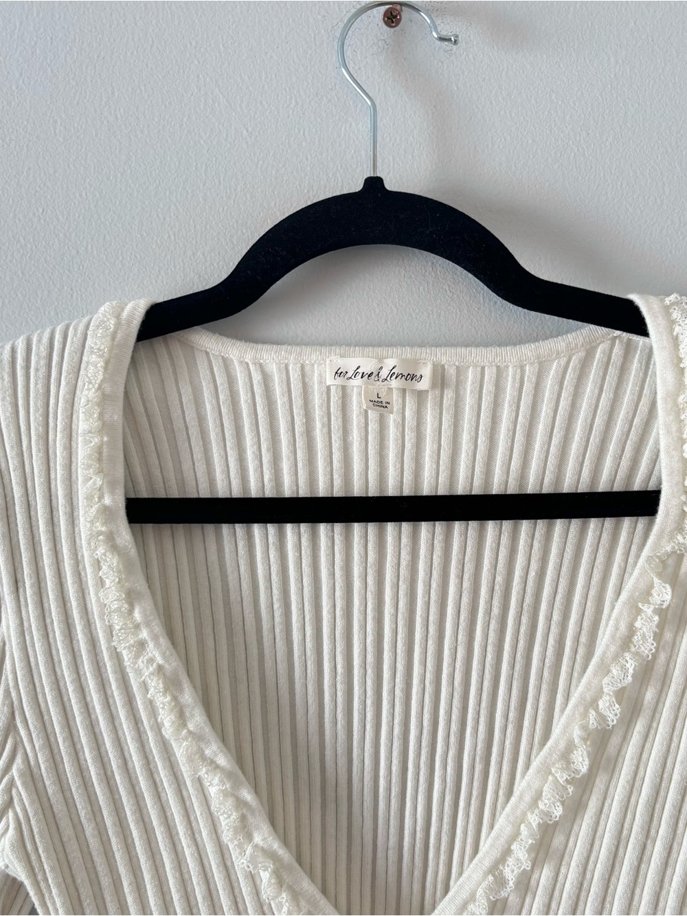 For Love & Lemons Lena Cardigan Sweater Cream Cropped Ribbed Knit - Picture 3 of 6